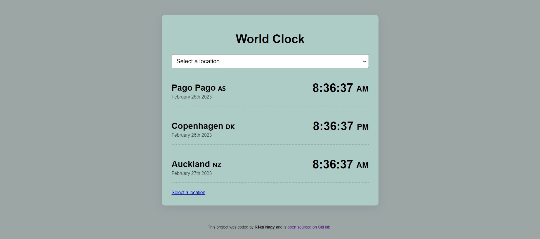 World Clock Web Application page